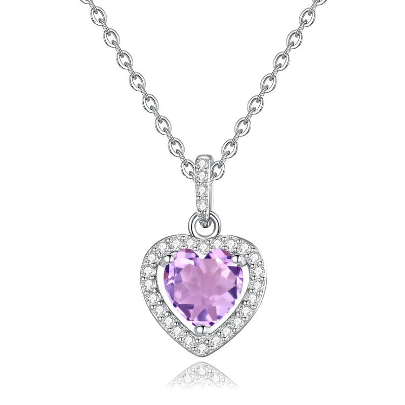 Heart shaped amethyst pendant on a 925 sterling silver cross chain necklace for women