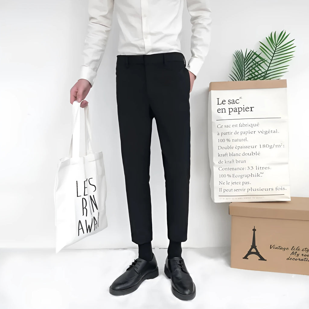 Men's cotton straight-leg trousers in black, with drawstring waist and straight leg opening