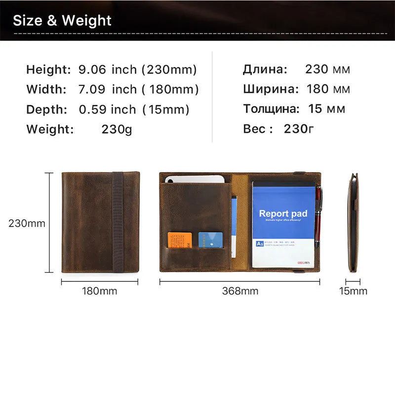 Brown Crazy Horse leather protective sleeve for an A5 notebook, showing square shape and socket closure.