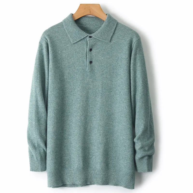 Men's grey wool pullover sweater with a polo collar laid flat