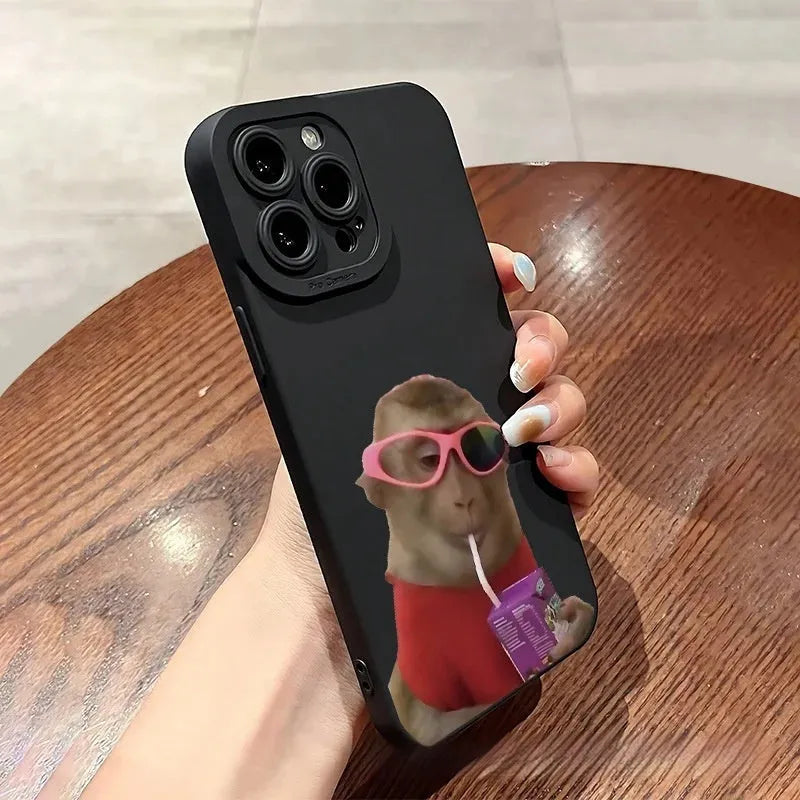 Black TPU phone case with trendy monkey print for Apple 15 Pro, shockproof and anti-fall design