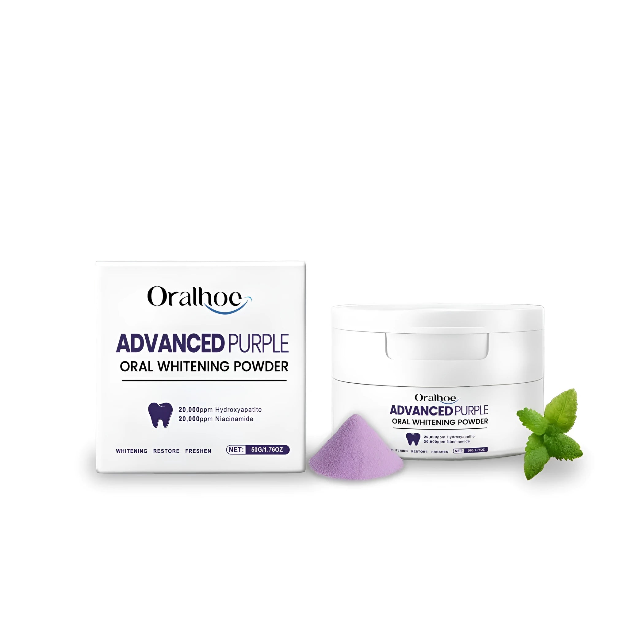 Natural oral care powder 50g in a white container with mint and lavender ingredients listed
