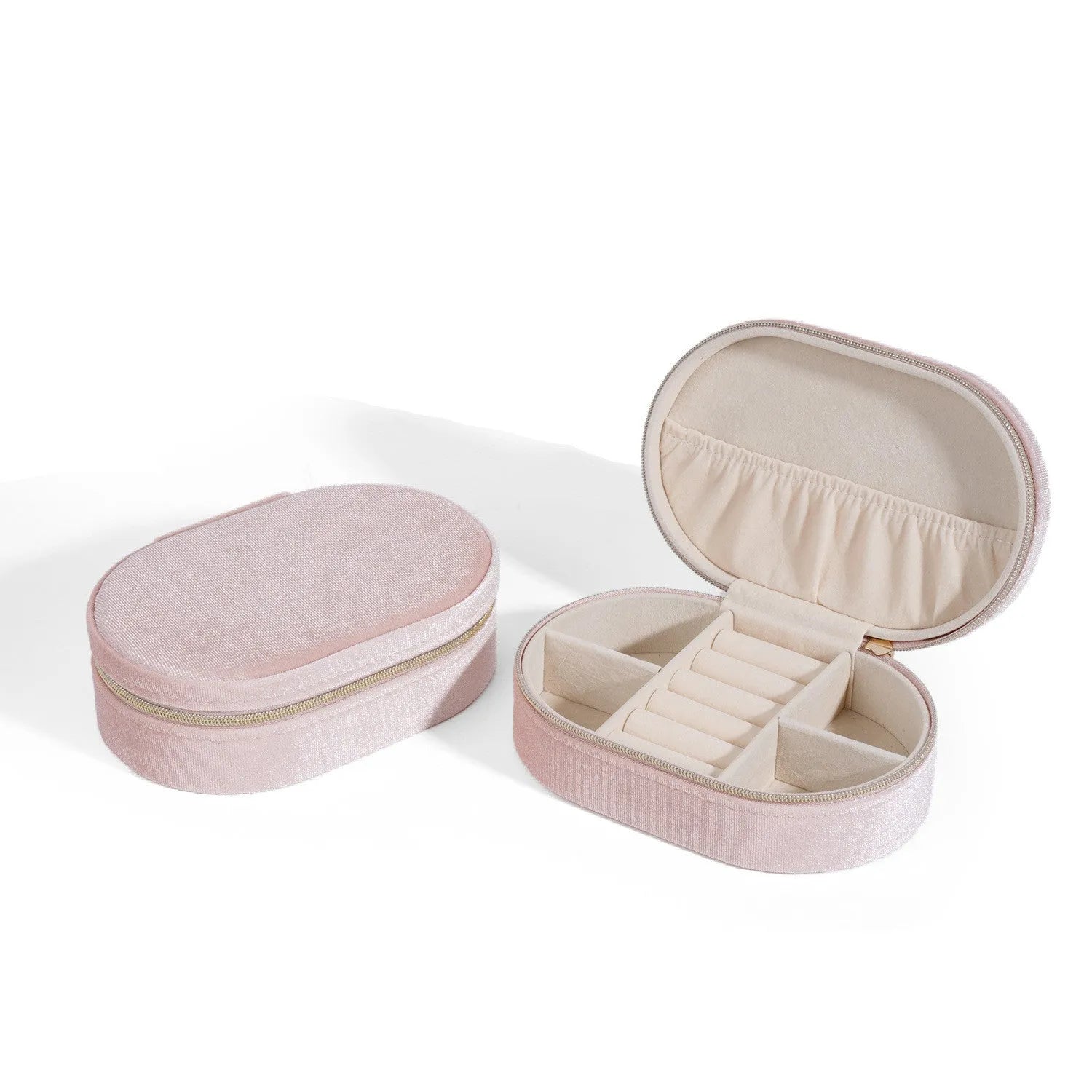 Oval velvet jewellery storage box in multiple colours with flannel lining