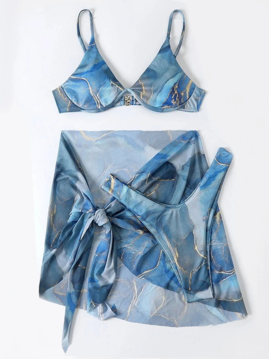 Marble printed bikini swimwear 3-piece set showing bra, high-waisted skirt and panties