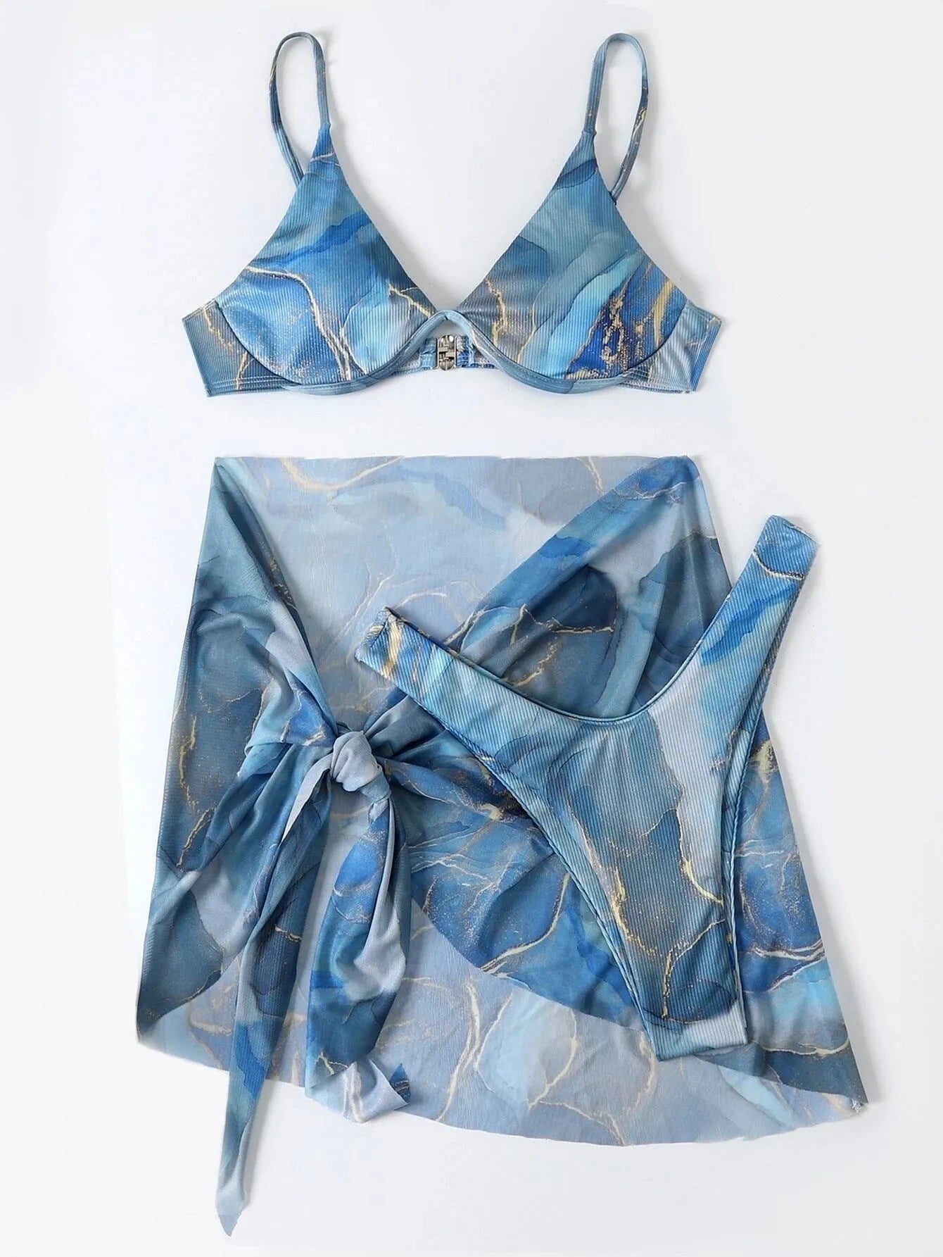 Marble printed bikini swimwear 3-piece set showing bra, high-waisted skirt and panties
