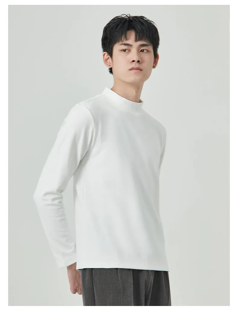 Men's Dralon half-high collar long sleeve T-shirt in solid colour, brown, black, white, milky white, gray options