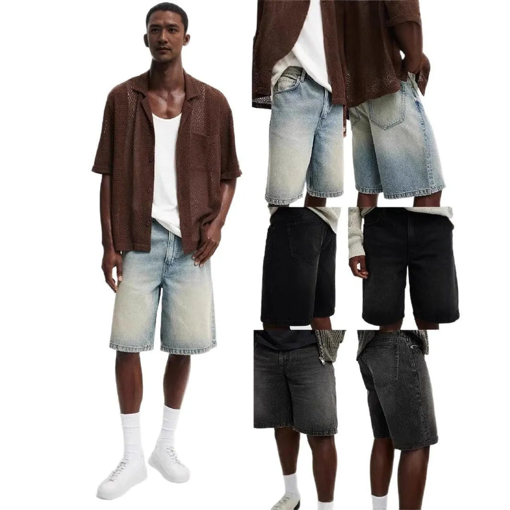 Men's loose straight leg jeans in light blue, black, and grey colour options showing street style design