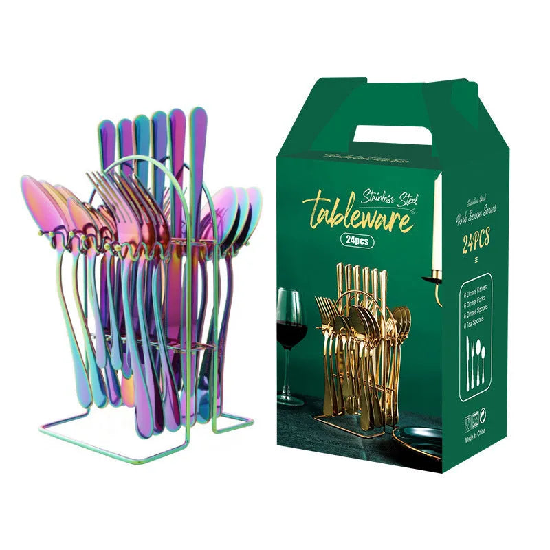 24-piece gold stainless steel dinnerware set with storage rack including knives forks spoons teaspoons