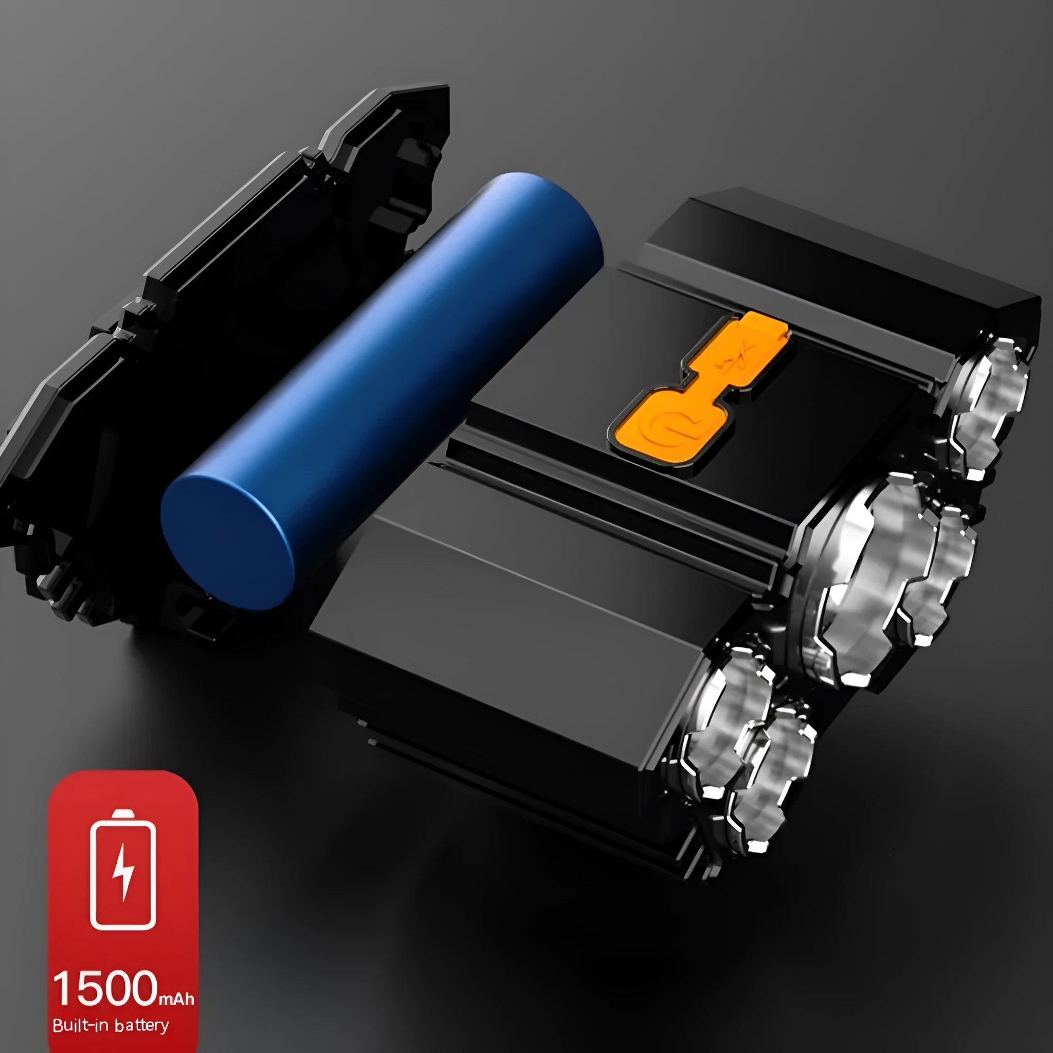 Super Bright LED miner's headlamp with head strap, shown with data cable and packaging.