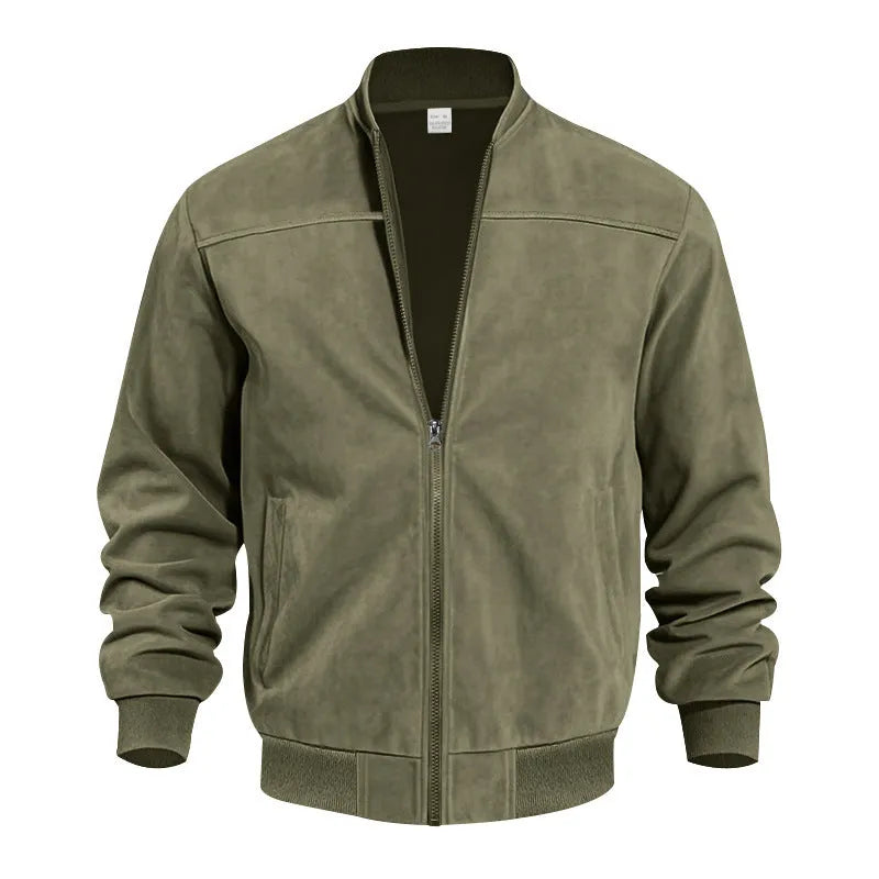Men's black suede casual zip-up jacket with a regular fit on a model.