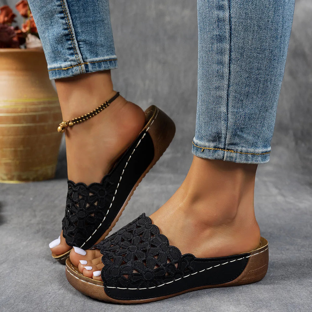 Women's flower cutout wedge beach slippers with PVC upper and fish mouth toe in light brown