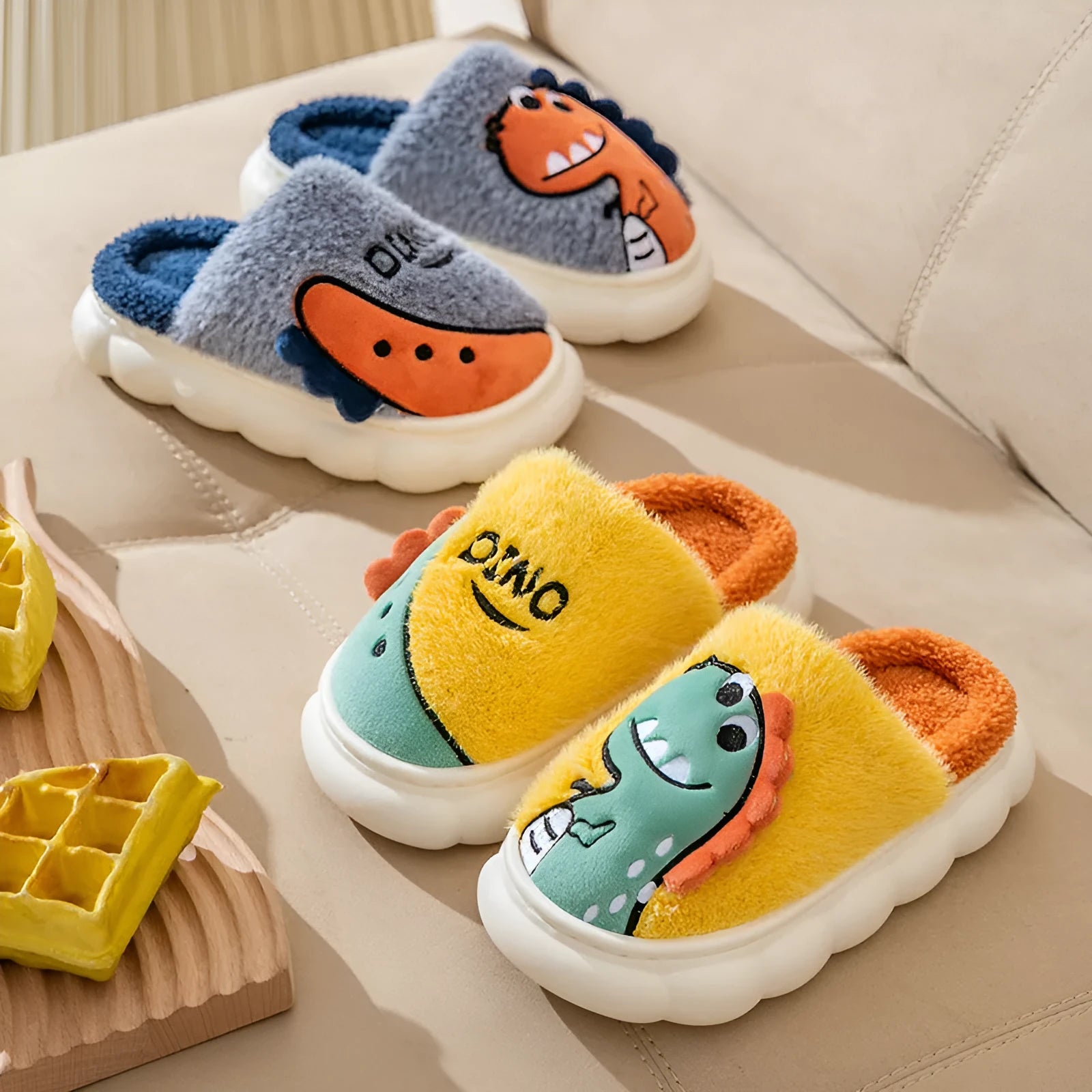 Cotton couple slippers with plush fleece in dinosaur print designs for indoor use