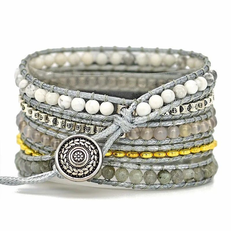 Natural stone beaded crystal watch band in bohemian style with multiple size options for 5.5 to 8.1 inch wrists