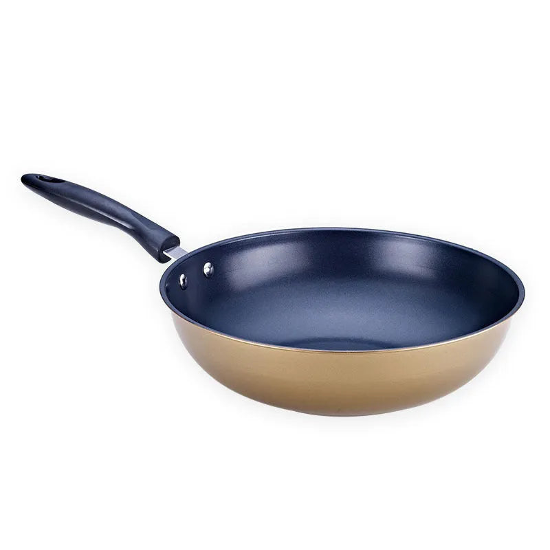 Three-piece cast iron non-stick cookware set with soup pot, milk pot, and wok in light luxury style