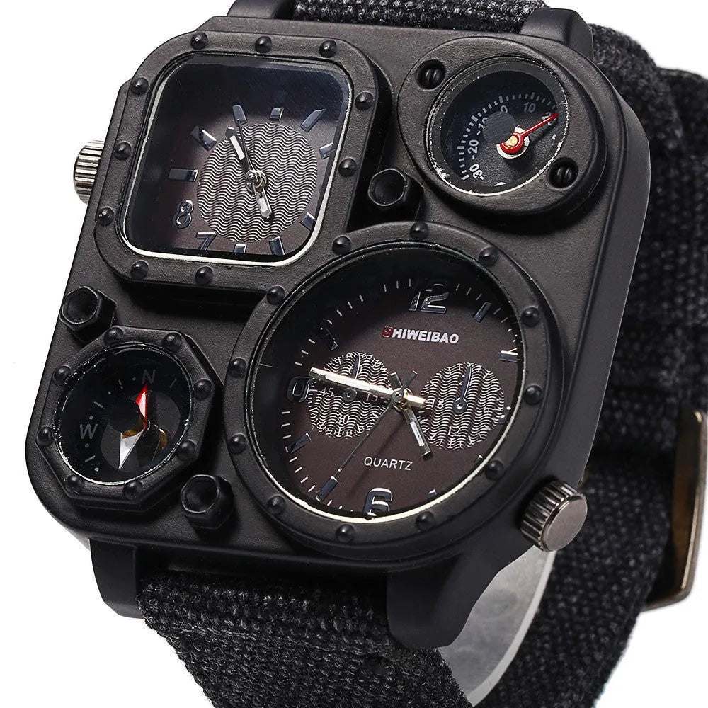 Men's military watch with multi-time zone dial, canvas strap, green colour variant, 5cm dial