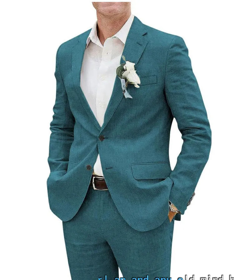 Men's linen blend slim fit business banquet two-piece suit in beige with jacket and trousers