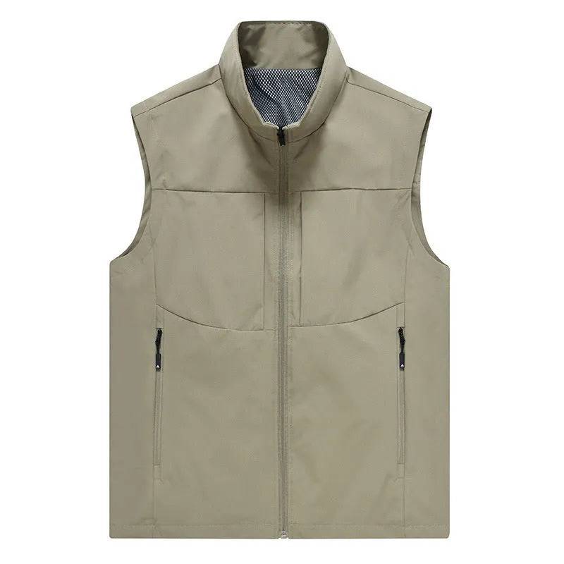 Men's solid colour stand collar polyester vest with zipper pockets in army green on a model