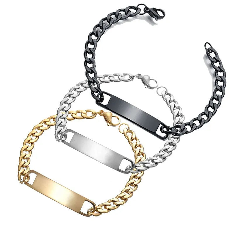 Personalised stainless steel bracelet with laser engraved human eye design, available in black, gold, and silver finishes