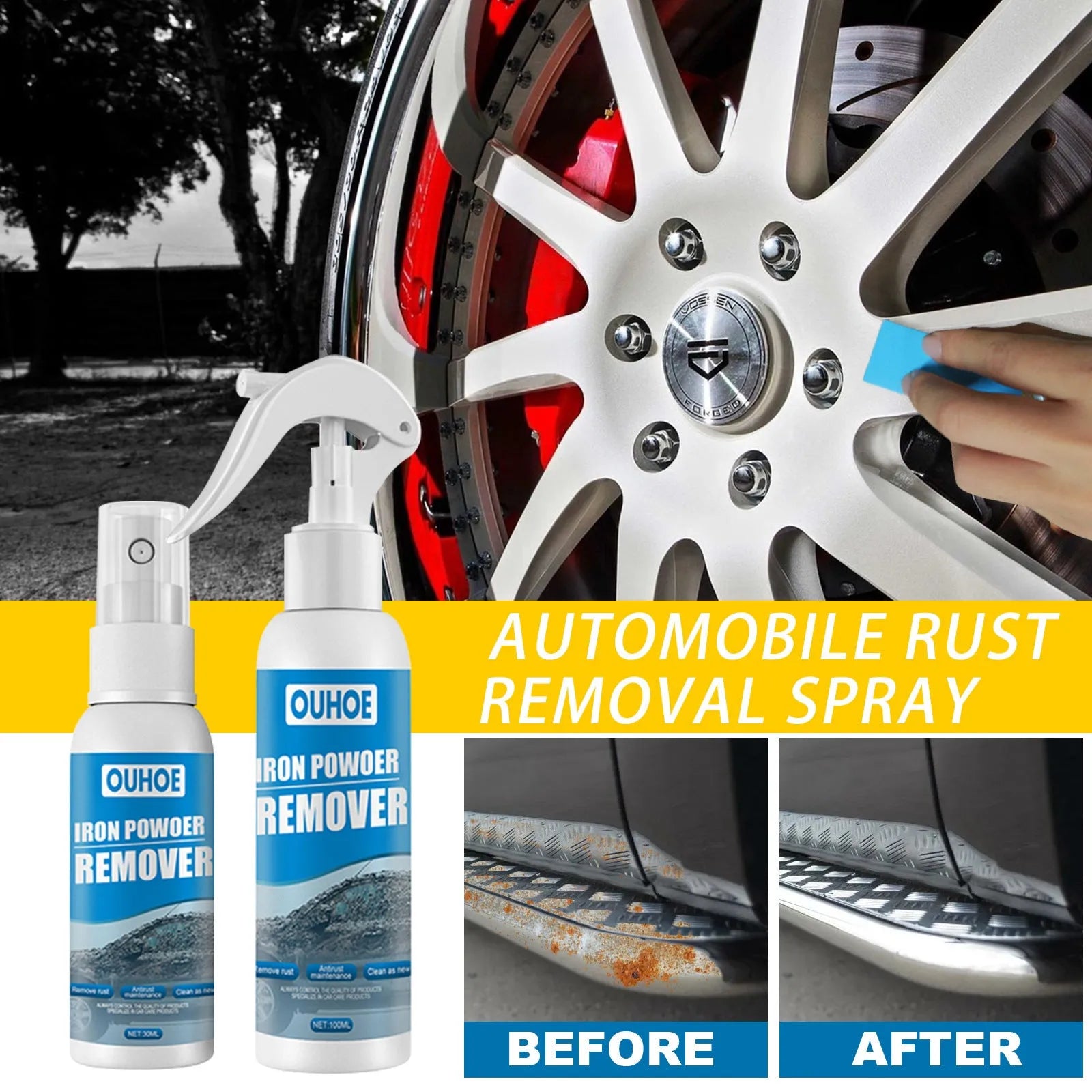 100ml and 30ml car iron powder remover spray bottles with blue square sponge and towel on a car panel.