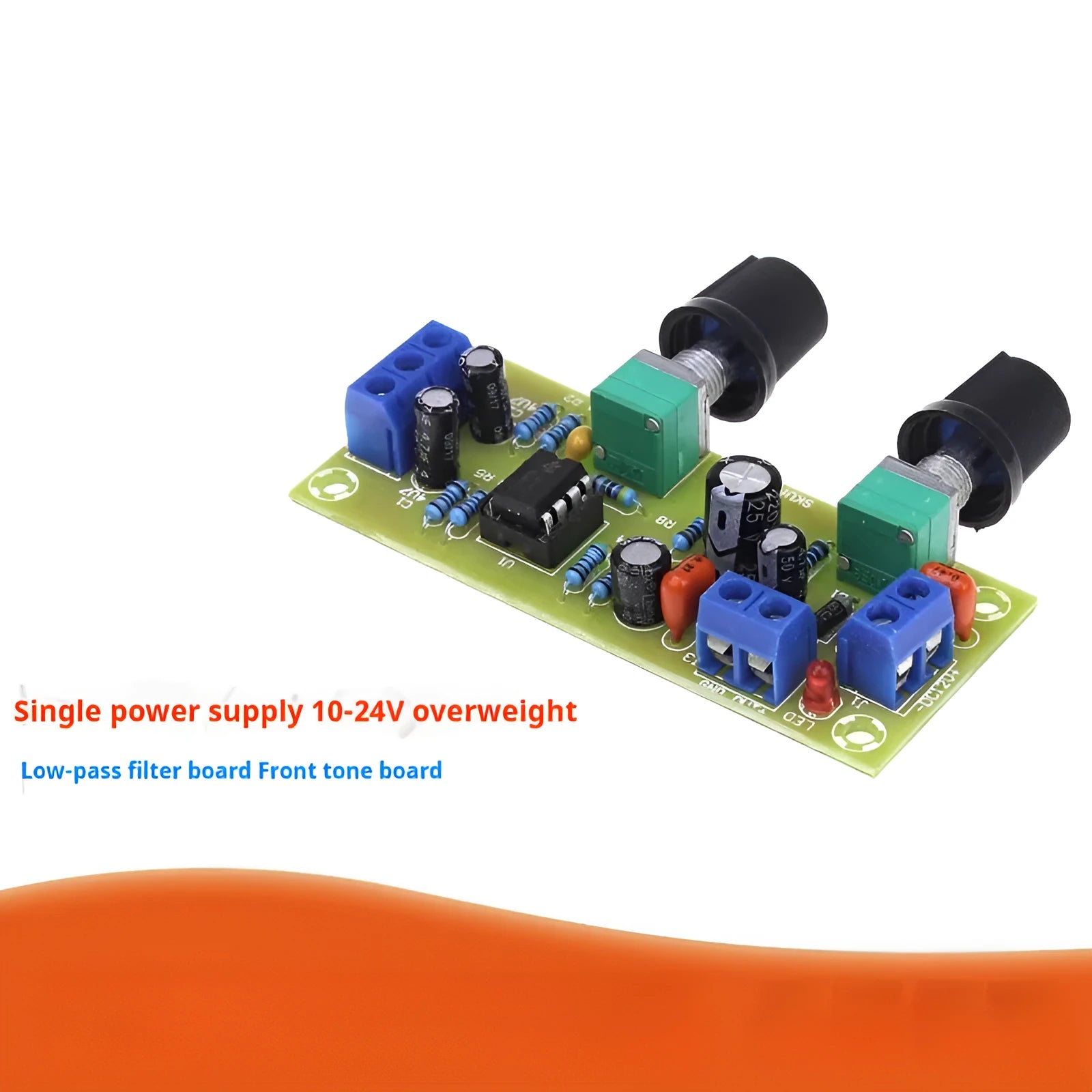 Single power supply 10-24V super dynamic bass boost front stage circuit board on a white background.