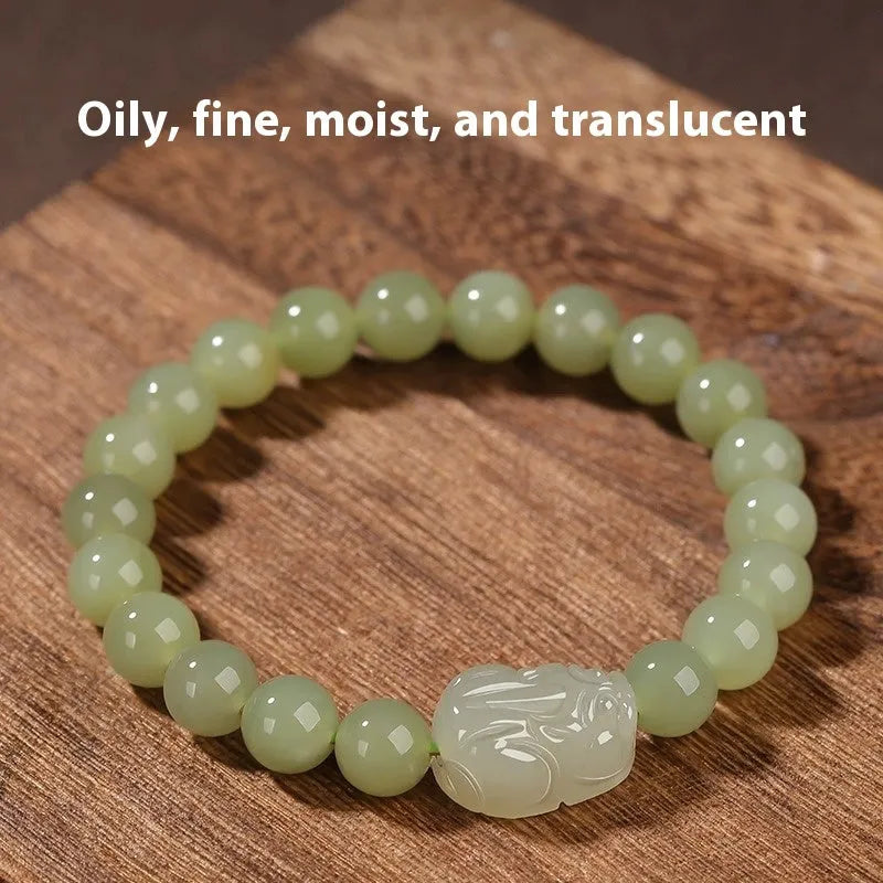 Women's Hetian jade leather bracelet with polished beads, 8mm size, national style design