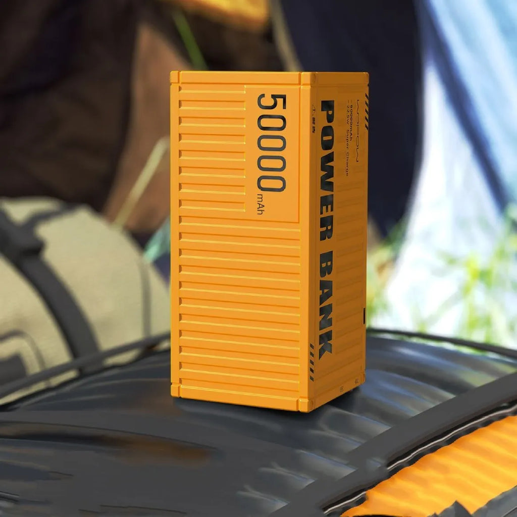 50000mAh portable power bank with digital display and five USB outputs in black plastic case