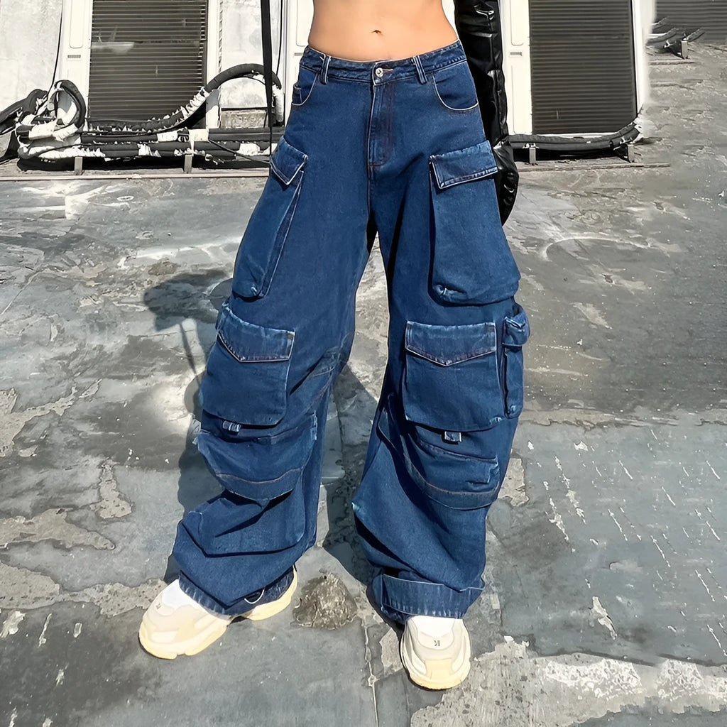 Dark blue distressed wide-leg high-waist jeans with multiple pockets on a street fashion model