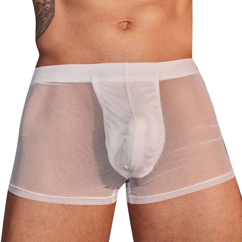 Men's black and white ultra-thin nylon boxer briefs on a plain background.