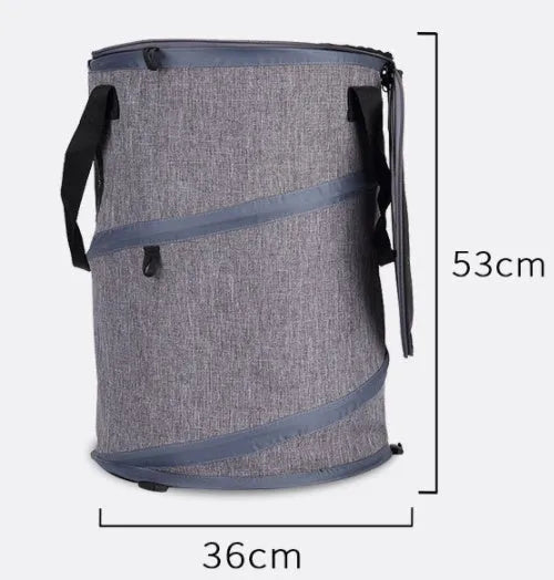 Fodable grey foldable pet carrier bag made of Oxford cloth, with top skylight and side storage pockets, 36x53cm size.