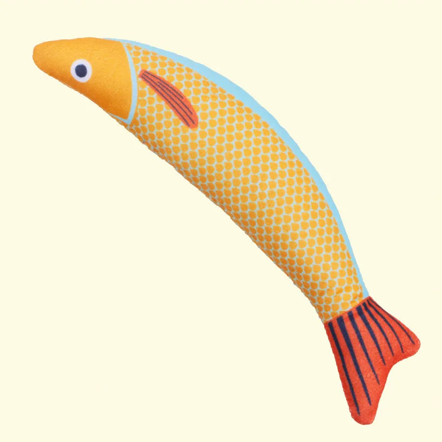 Soft green plush fish-shaped cat kicker toy with organic catnip filling on a neutral background