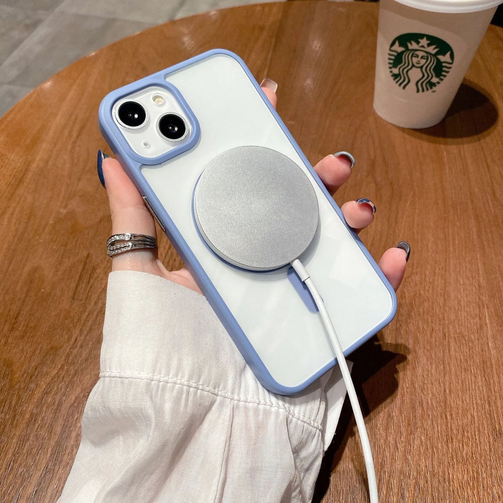 Transparent acrylic MagSafe phone case with TPU bumper for iPhone, showing back panel and edge protection.