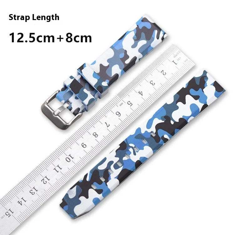 Blue camouflage silicone watch strap showing 20mm width and buckle.