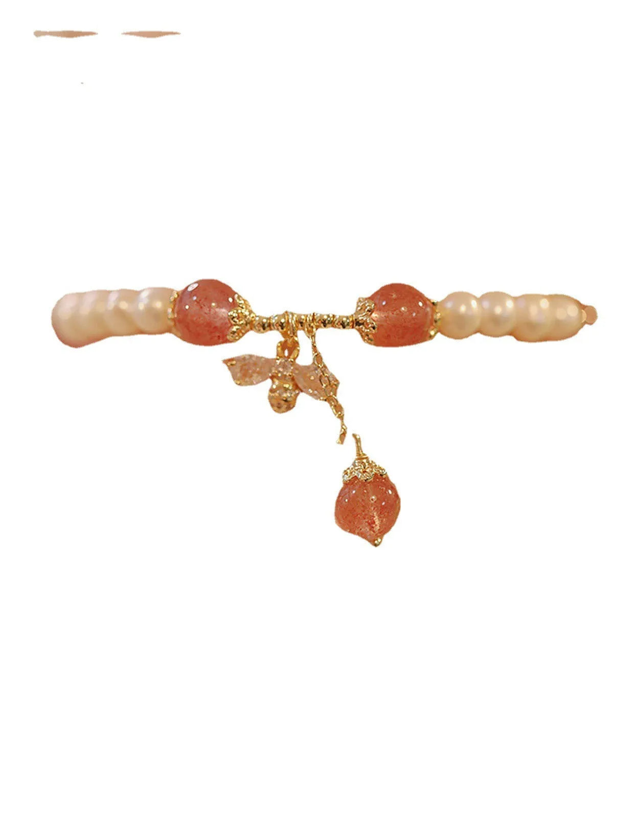 Close-up of a handmade crystal and strawberry quartz bracelet with a bow design, styled for women, INS aesthetic.