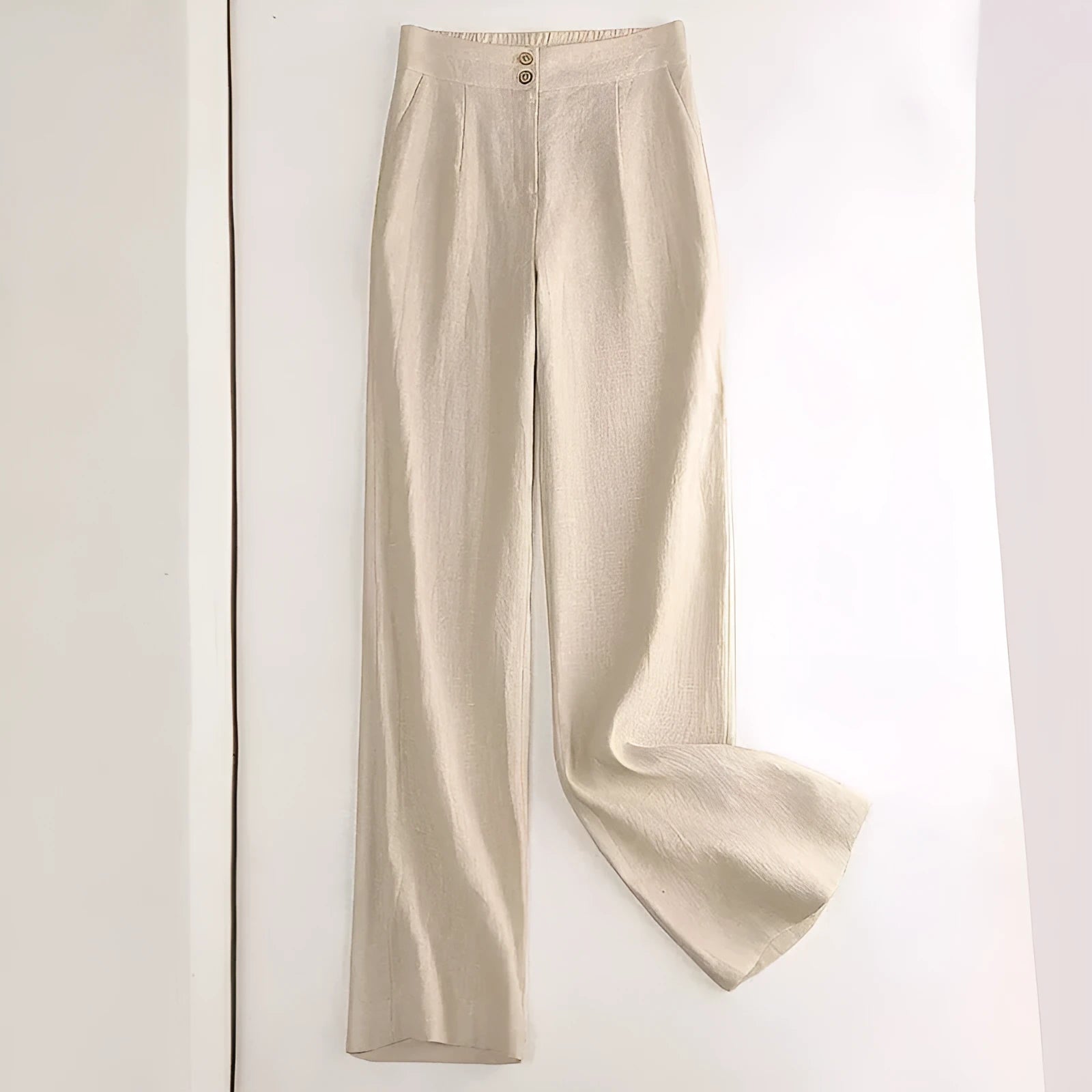 Linen wide-leg high waist women's casual trousers with spandex in Earth Gold colour lying flat