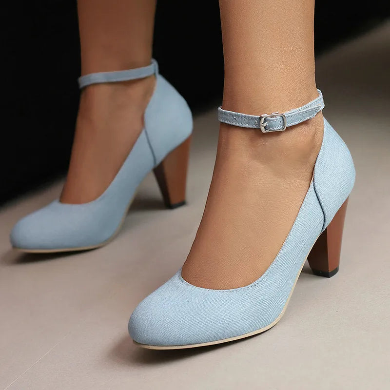 Women's denim fabric high heel platform shoes with buckle, round toe, solid blue colour