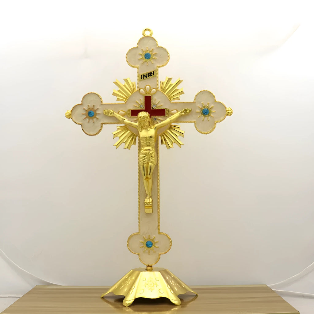 Micro-inlaid metal ornament in gold blue diamond finish, zinc alloy die cast, 30x19cm geometry shape