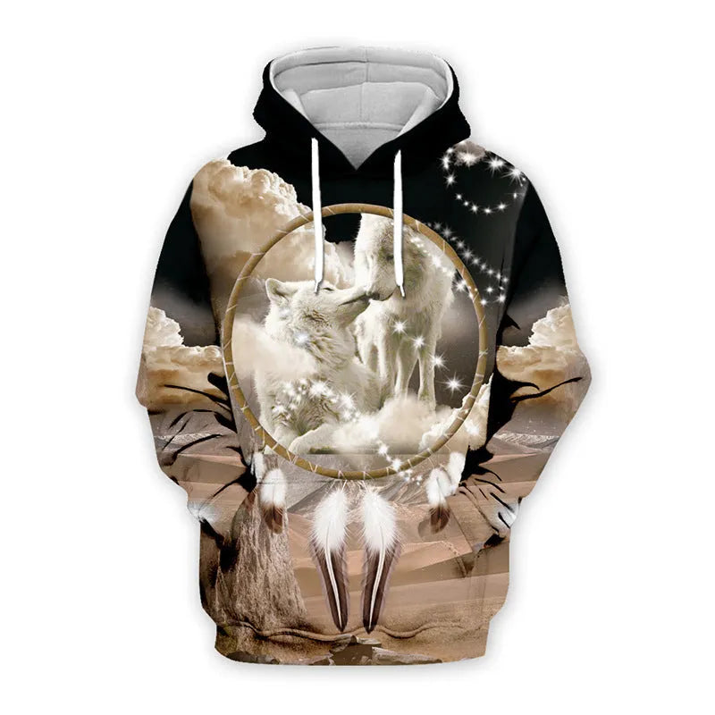 Men's hooded sweatshirt with digital 3D effect print, loose fit, long sleeves, available in multiple colours