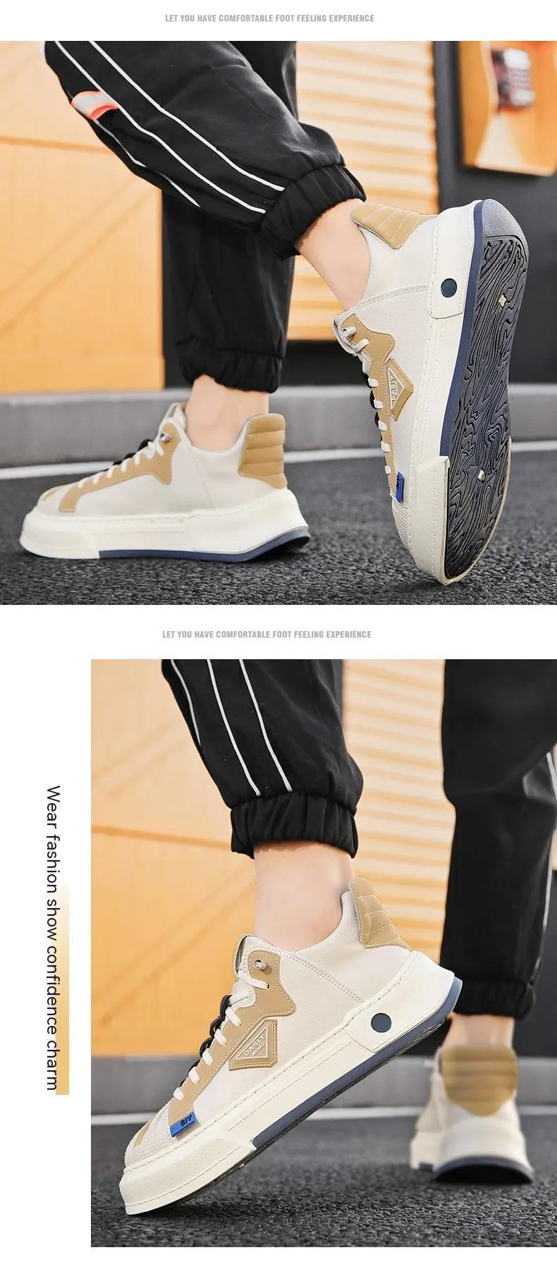 Men's beige casual sneakers with elastic band fastening and leather stitching detail