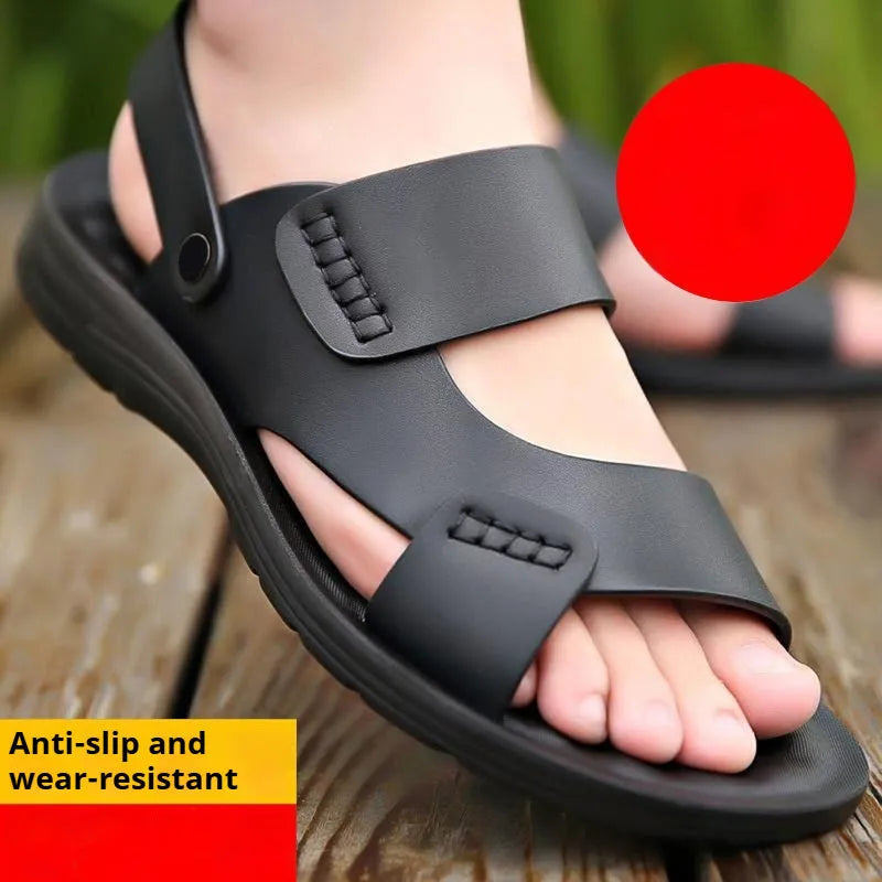 Men's brown casual waterproof plastic beach sandals on a sandy surface