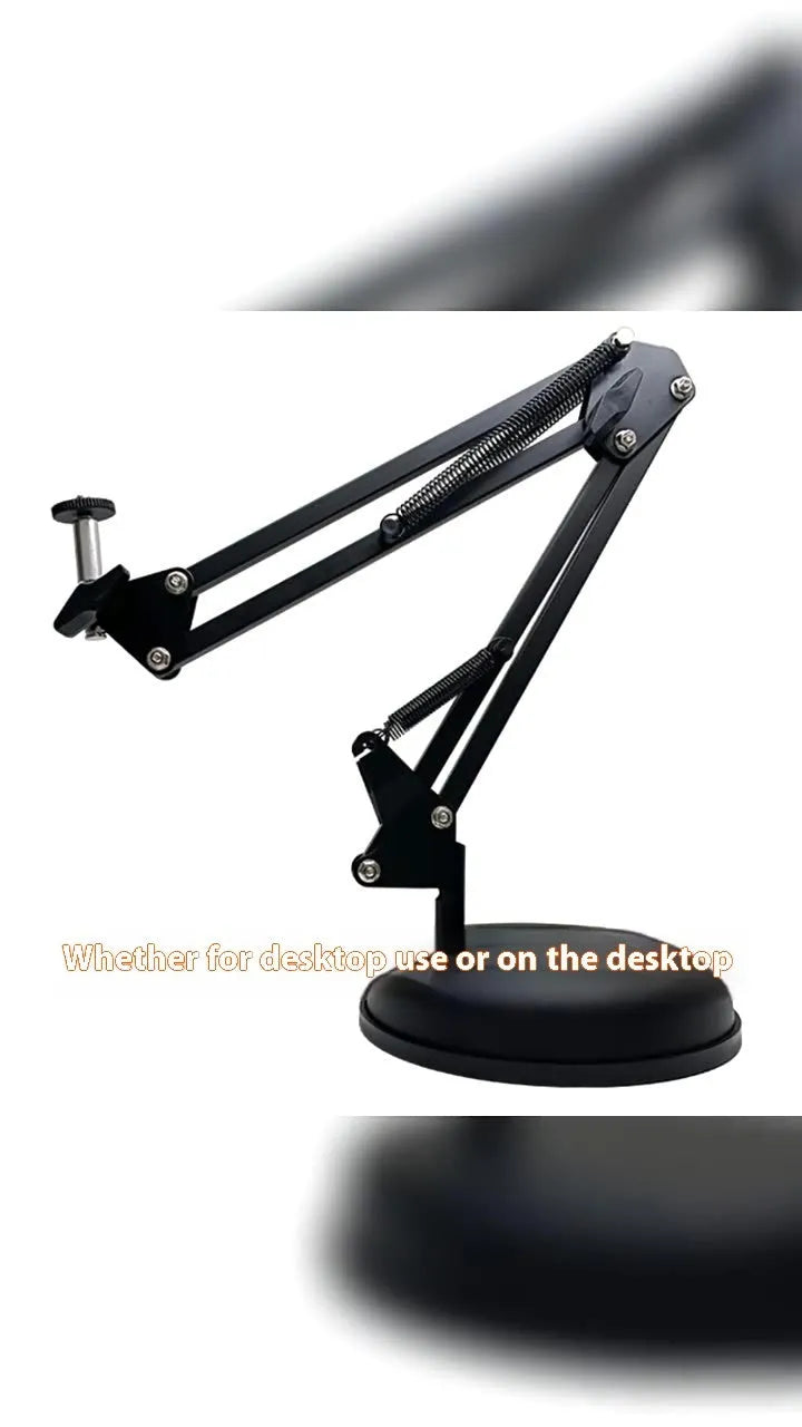 Black foldable metal desktop cantilever bracket holding a tablet, showing its adjustable arms and clamp.