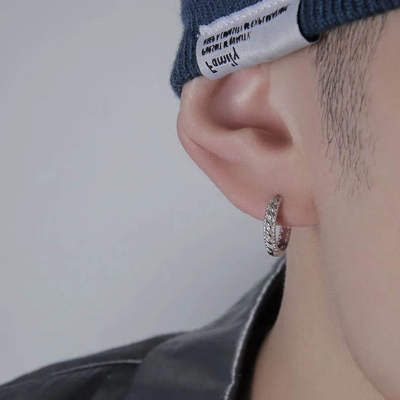 Men's copper geometric hip hop earrings in silver finish showing 10mm and 14mm West Coast style studs