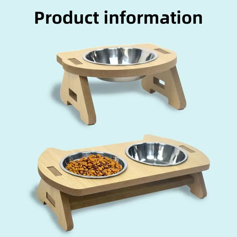 Wooden cat bowl feeder with two stainless steel bowls, anti-overturning base, raised design for neck protection
