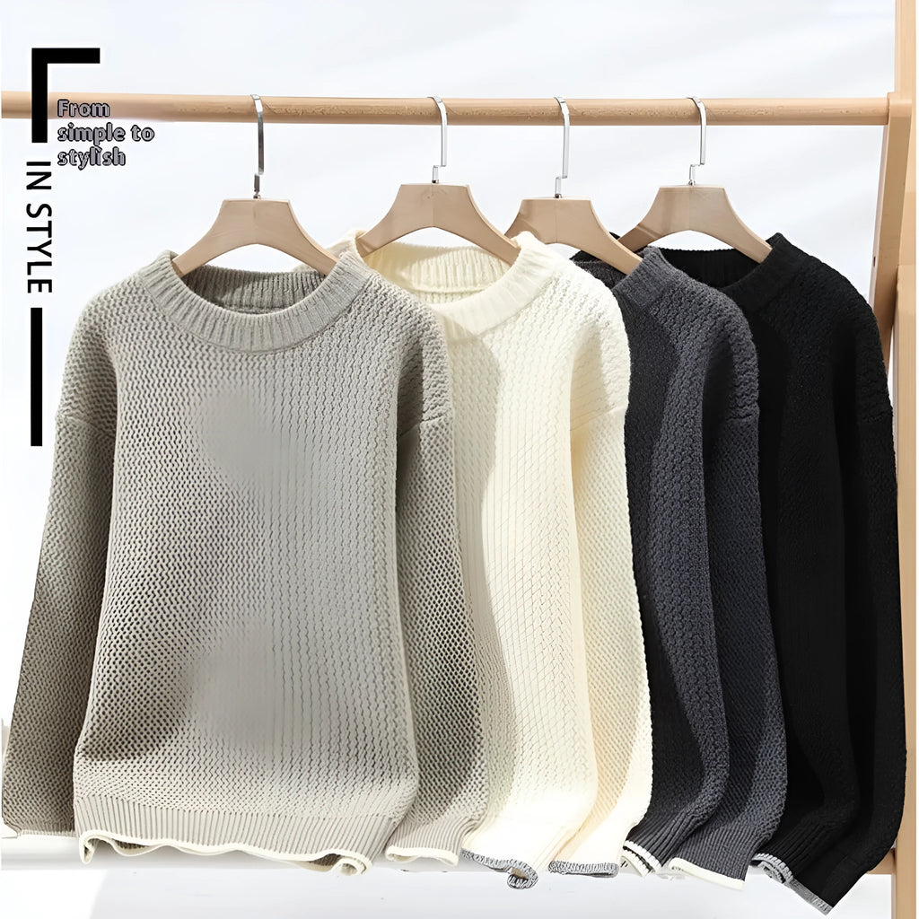 Men's round neck polyester blend knitwear sweater in loose fit showing black grey white khaki colour options