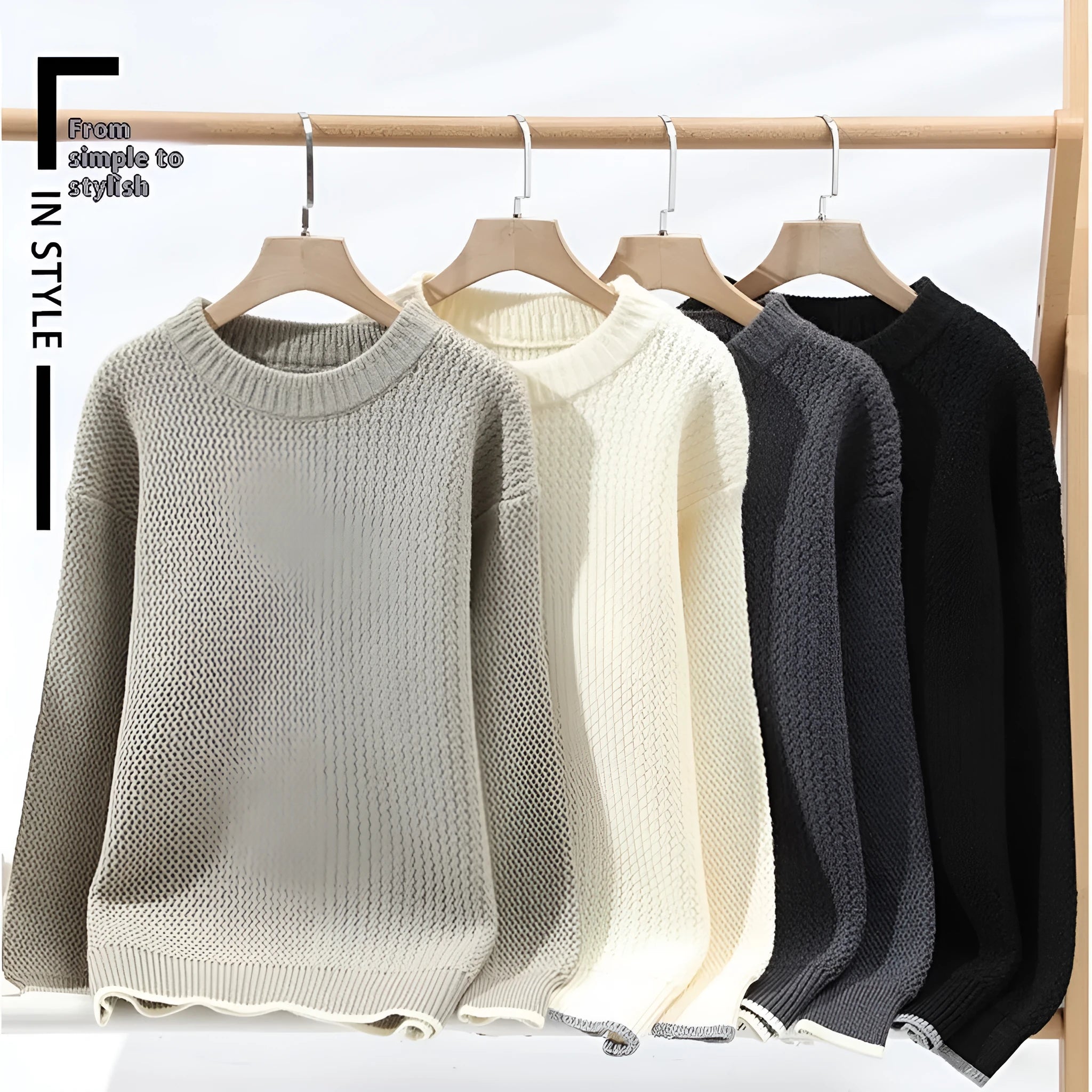 Men's round neck polyester blend knitwear sweater in loose fit showing black grey white khaki colour options