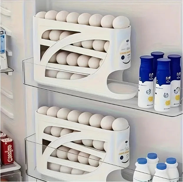 Rolling slide egg storage box for refrigerator, plastic 4 layer, beige colour