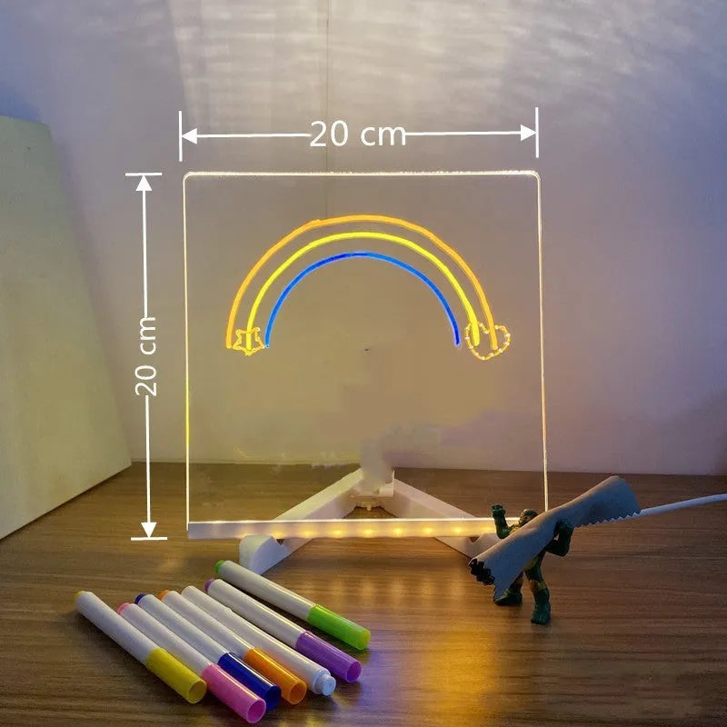 Acrylic DIY note board LED night light with pens on desk, showing written message and soft glow