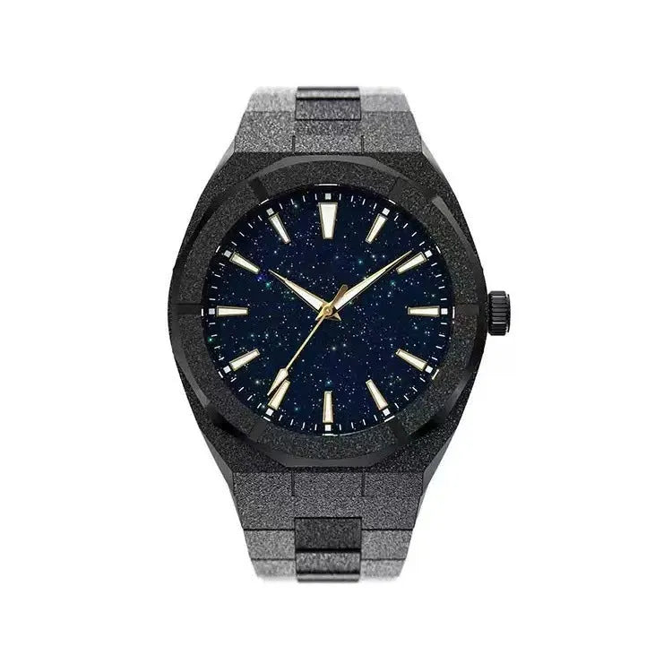 Business men's watch with frosted stainless steel case and luminous markers in silver, gold, or black colour options