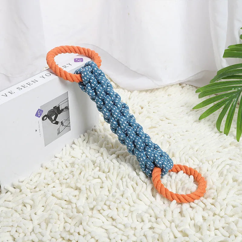 Blue braided cotton double-ring dog teething toy on white background