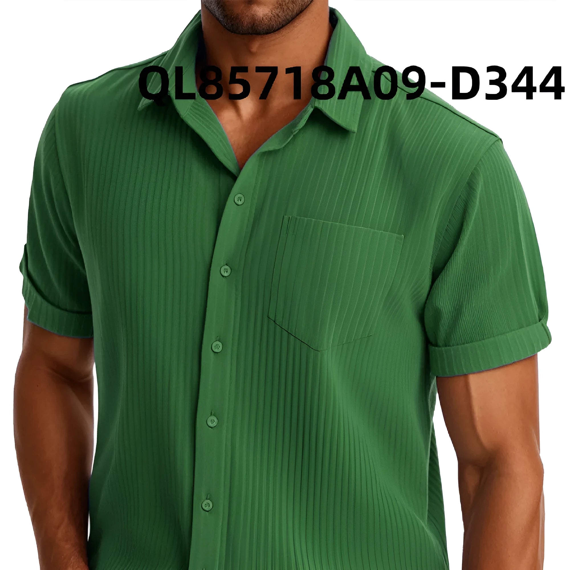 Men's loose short sleeve lapel shirt in printed polyester, black line D344 design, front view