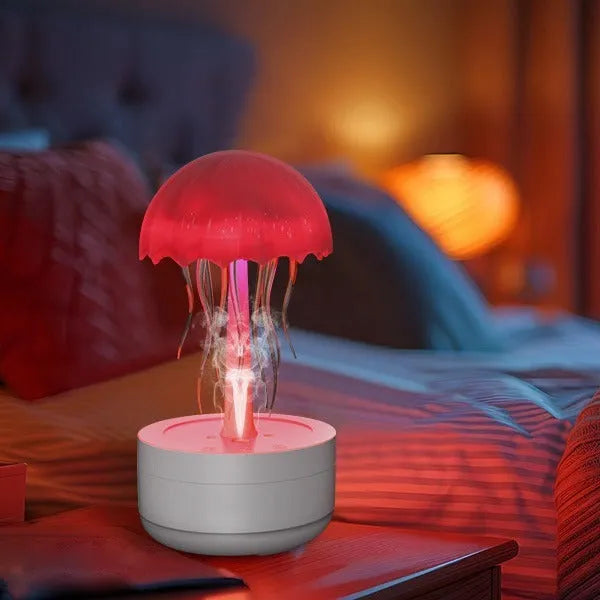 White jellyfish essential oil diffuser with 300ml tank and 7-colour night light on a desk